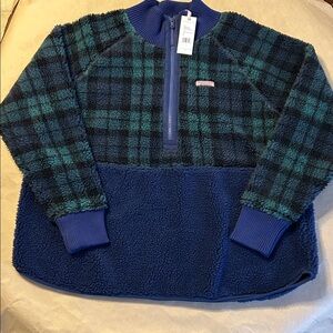 Vineyard Vines womens Navy and green Plaid Sherpa Fleece Pullover xxl